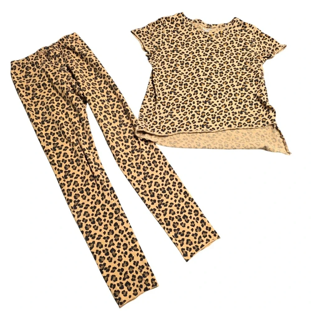 Old Navy Leopard Print Pajama Set Softest Tee and Leggings Girl's Size XL 14-16